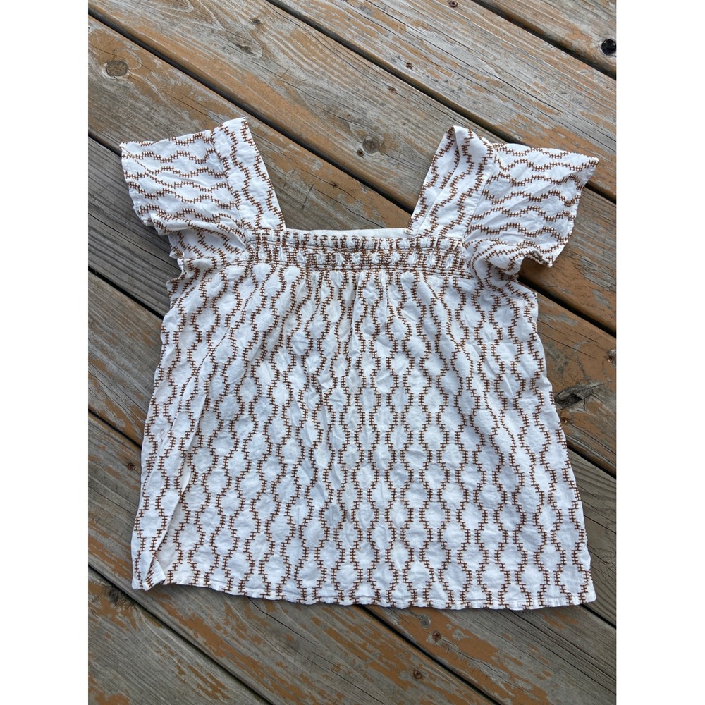 ANA A New Approach Womens Medium White Brown Embroidered Smocked Cotton Top